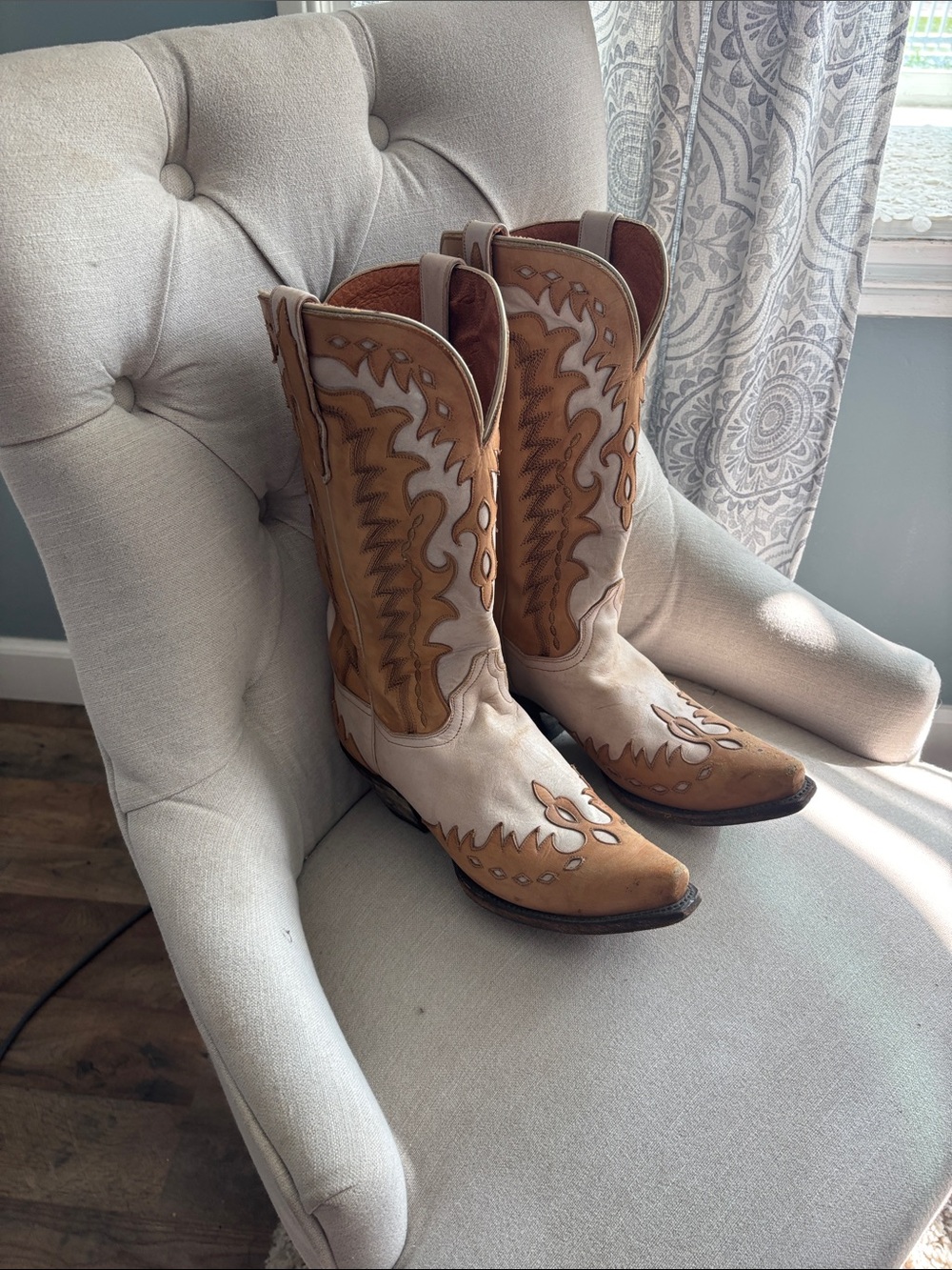 Western Leather Dan Post Cowboy Boots - Tan and Cream